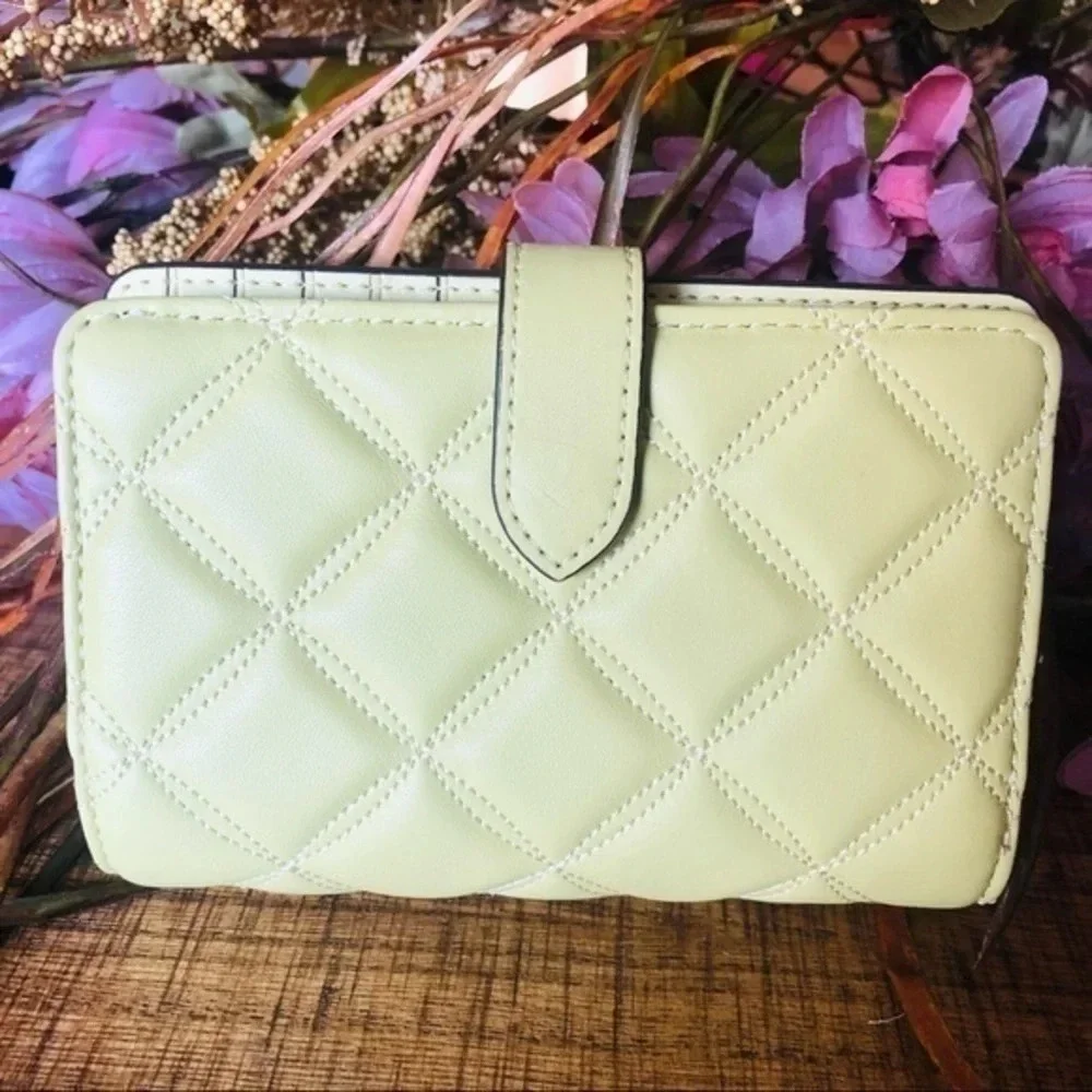 Kate Spade New York Quilted Leather Wallet Green Snap & Zip Compact Bifold NWT